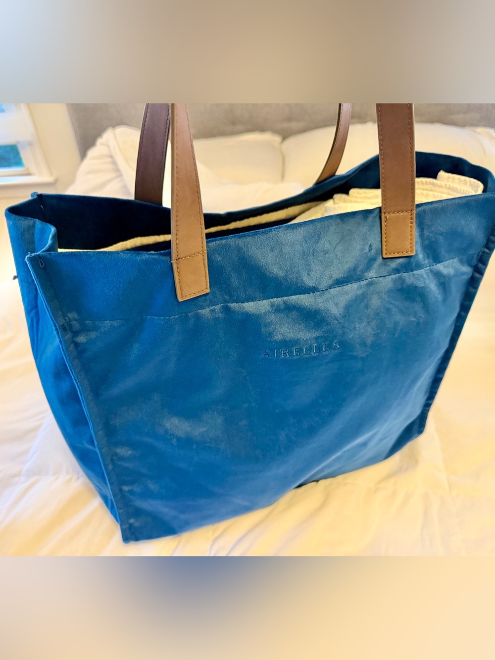 Airelles Blue Velvet Tote with Brown Leather Handle and Laptop Case (2026 / New)